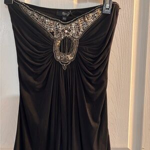 Sky Black Strapless Evening Tank with Silver Beaded Neckline